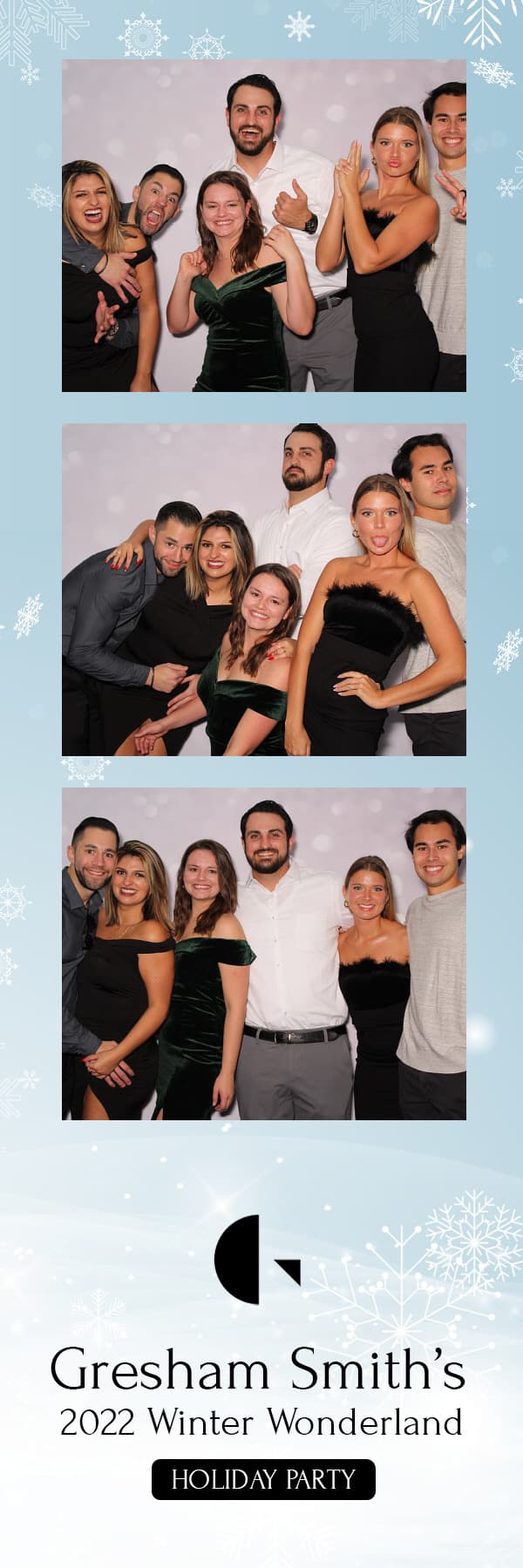Gresham Smith 2022 Winter Wonderland holiday party photo strip with a snowy design and company logo.