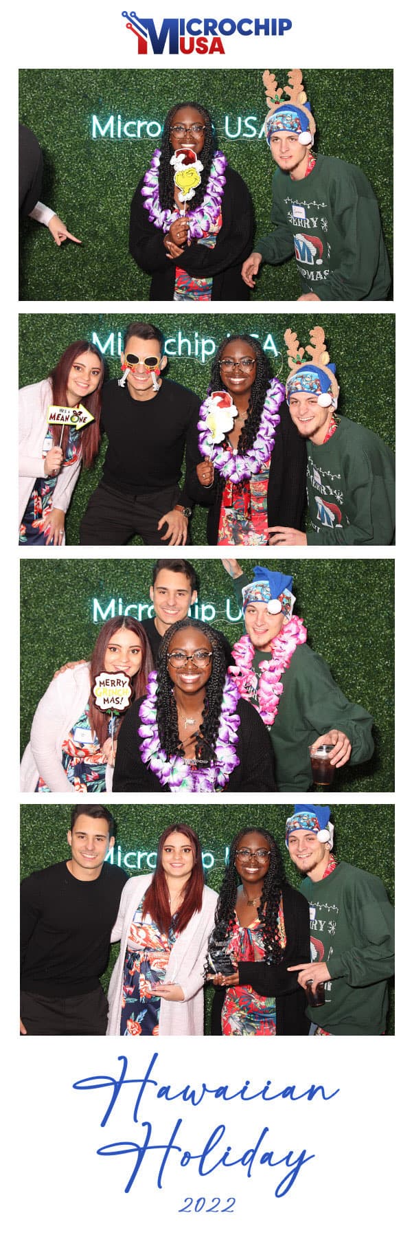 Microchip USA Hawaiian Holiday photo strip with the Microchip USA neon logo wall.