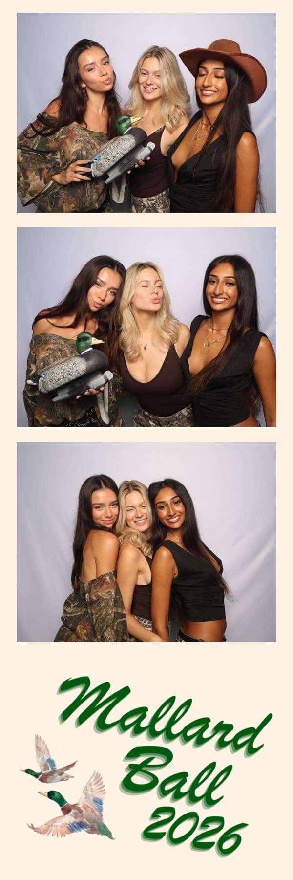 Mallard Ball 2026 photo strip: Three friends in camo and cowboy hats holding a duck decoy, with a custom green duck design at the bottom.