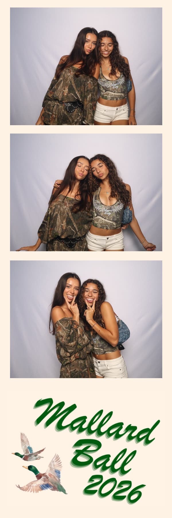 Mallard Ball 2026 photo strip: Two friends in camo posing together, with a custom green duck design at the bottom.
