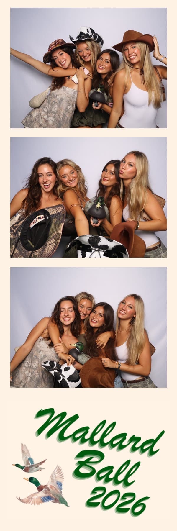 Mallard Ball 2026 photo strip: Friends in cowboy hats laughing together, with a custom green duck design at the bottom.