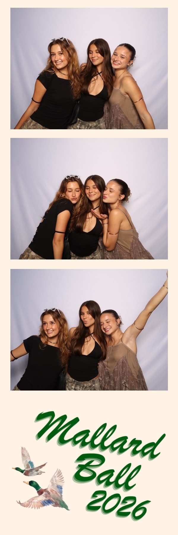 Mallard Ball 2026 photo strip: Three friends posing together, one with her arm raised, with a custom green duck design at the bottom.