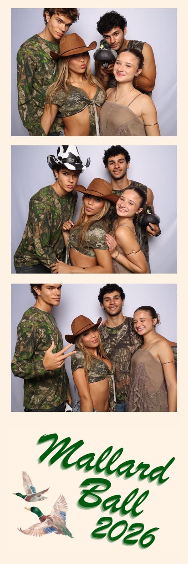 Mallard Ball 2026 photo strip: Friends in camo and cowboy hats posing in pairs, with a custom green duck design at the bottom.