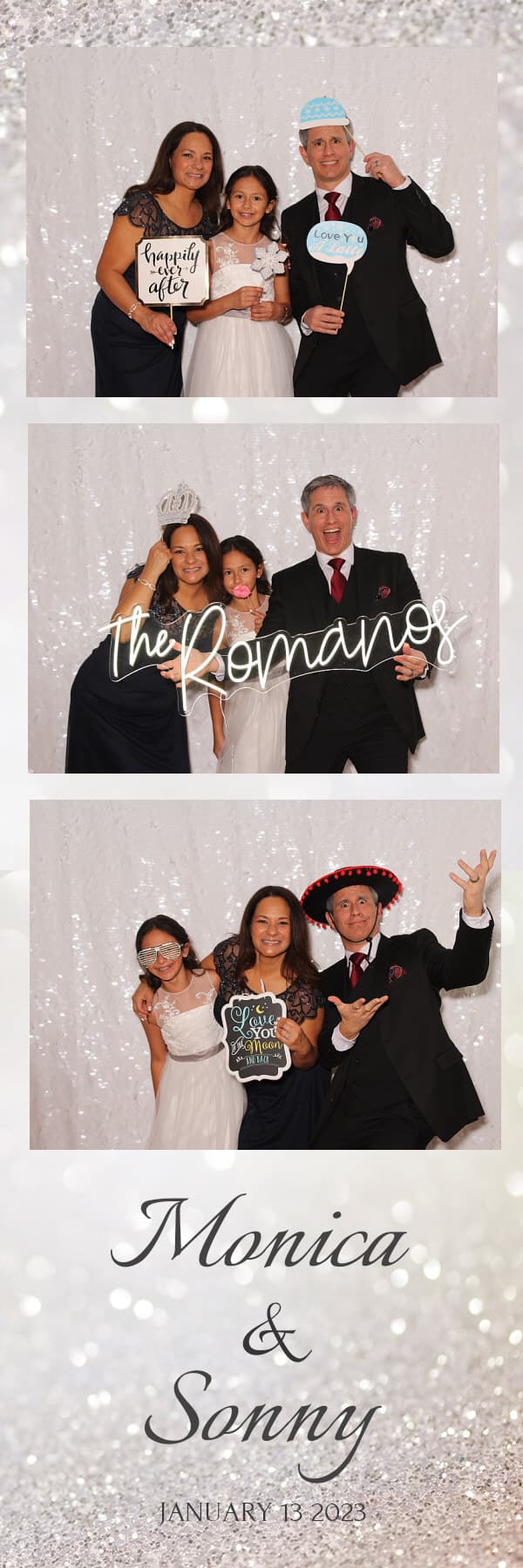 Monica & Sonny wedding photo strip with a sparkling header and the couple's names in script.