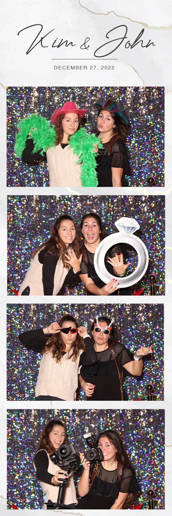 Kim & John wedding photo strip on a sequin backdrop with a custom header.