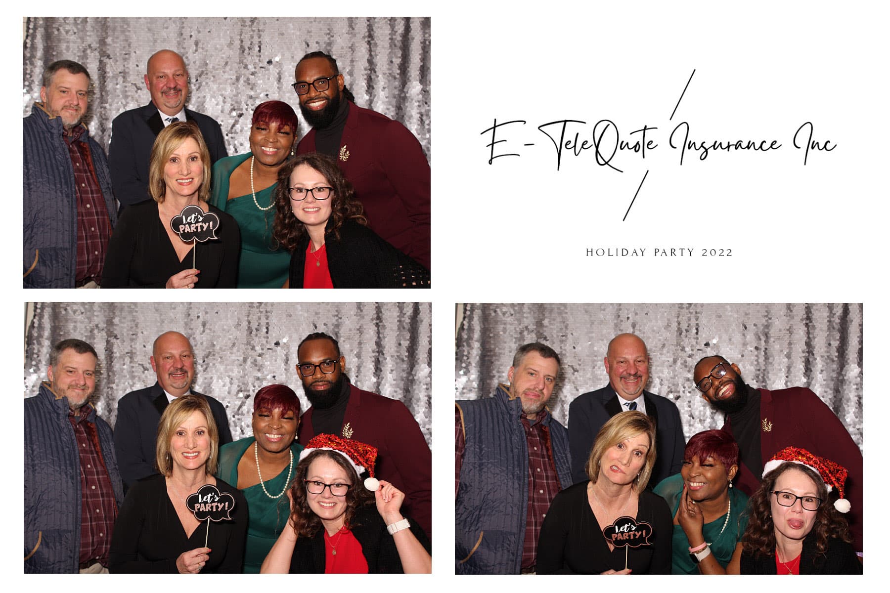 E-TeleQuote Insurance holiday party 4x6 print with three shots on a silver sequin backdrop.