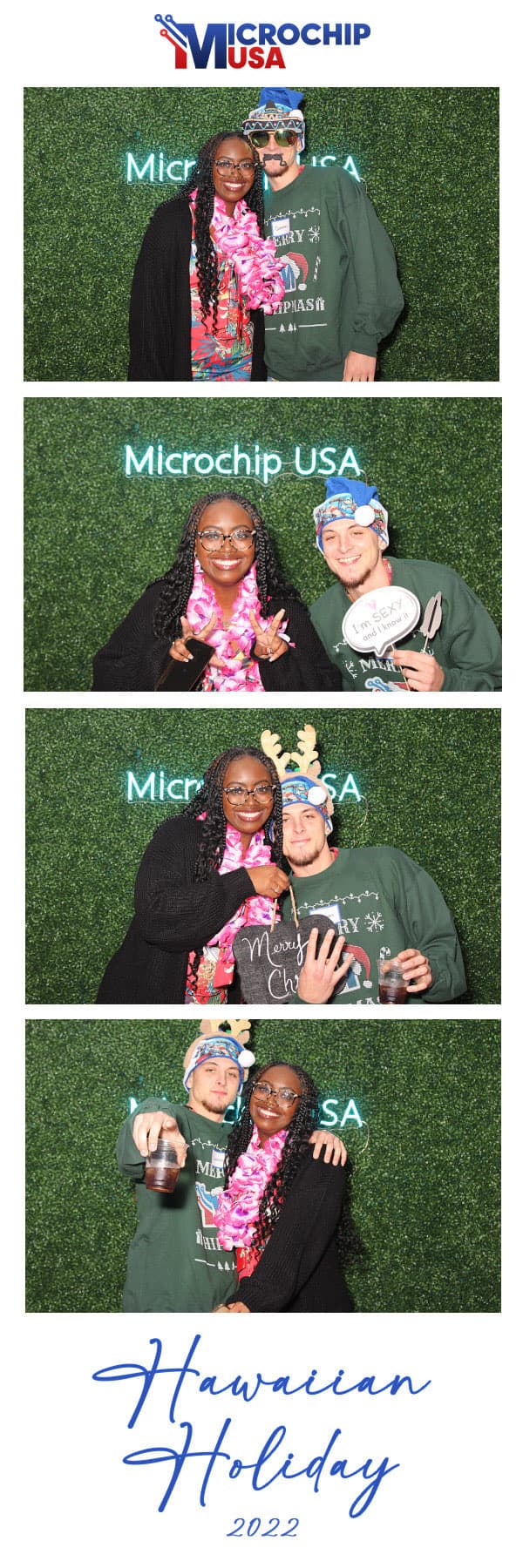 Microchip USA Hawaiian Holiday photo strip of two guests with props and leis.