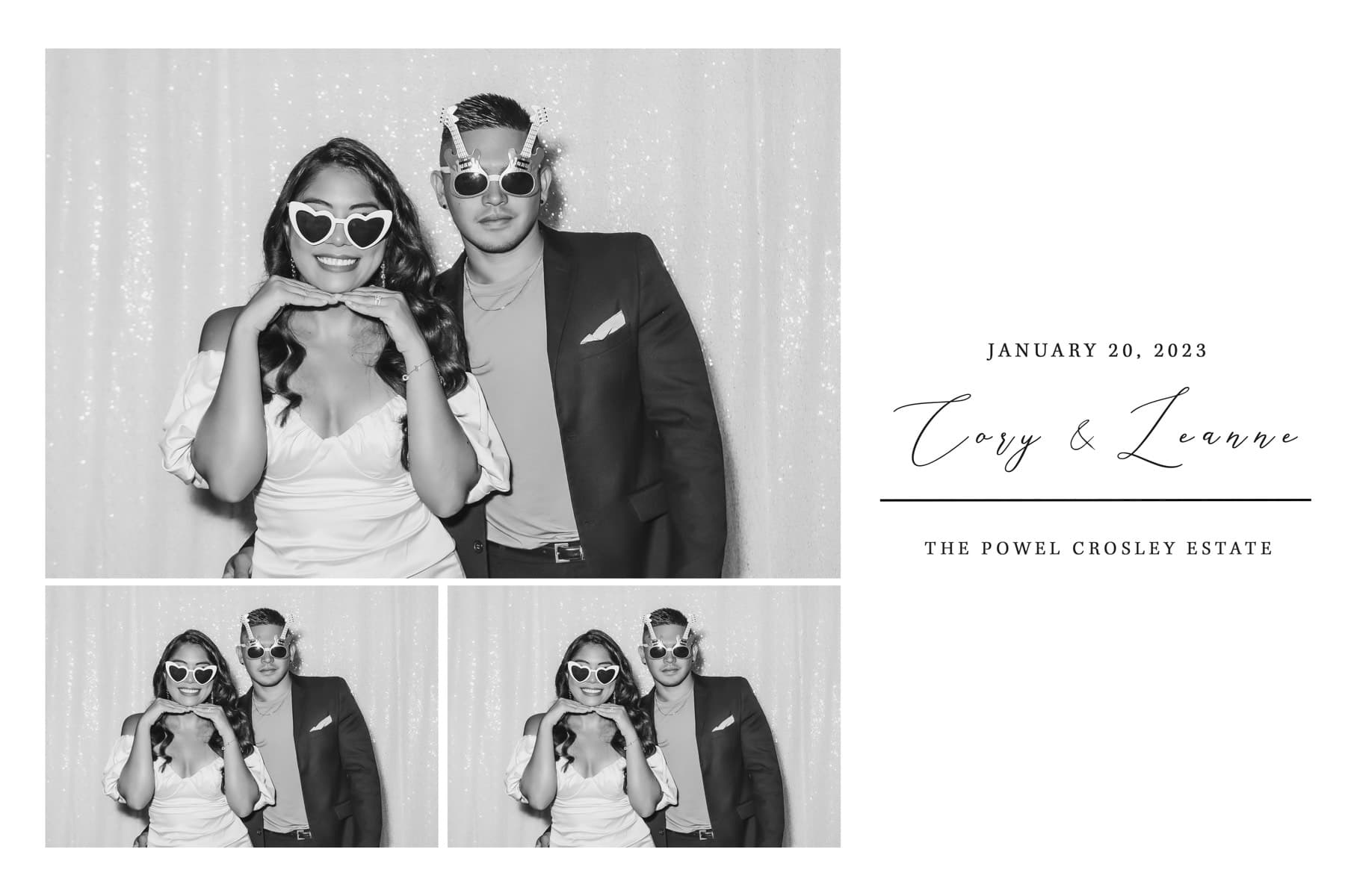 Black and white 4x6 wedding print of Cory and Leanne in heart sunglasses at The Powel Crosley Estate.